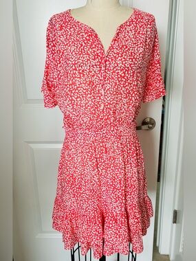 Walker & Wade Coral and White Printed Mini Dress with Ruffle Hem